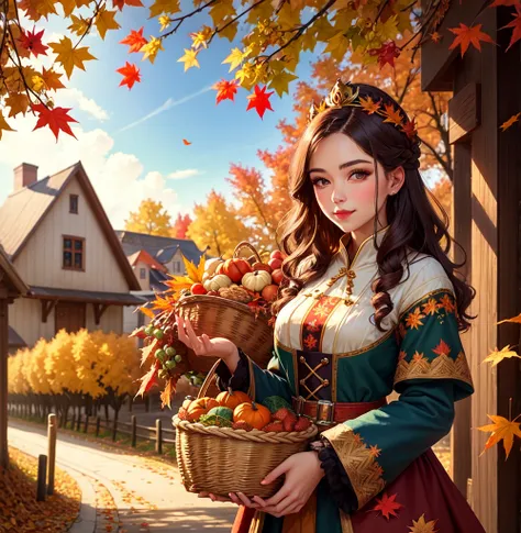 Generate an image of a young woman with a crown of colorful fall leaves in a vibrant Russian folk costume, representing Autumn, offering a basket of harvest with a warm and festive folk art aesthetic.