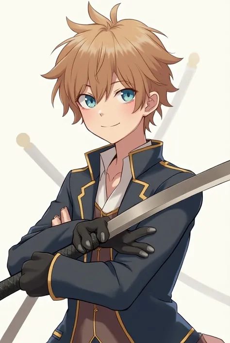 Anime boy similar to Todoroki ,  with short light brown hair  ,blue eyes, white tea,  in student clothing similar to Twisted Wonderland,  smiling while clutching a sword  