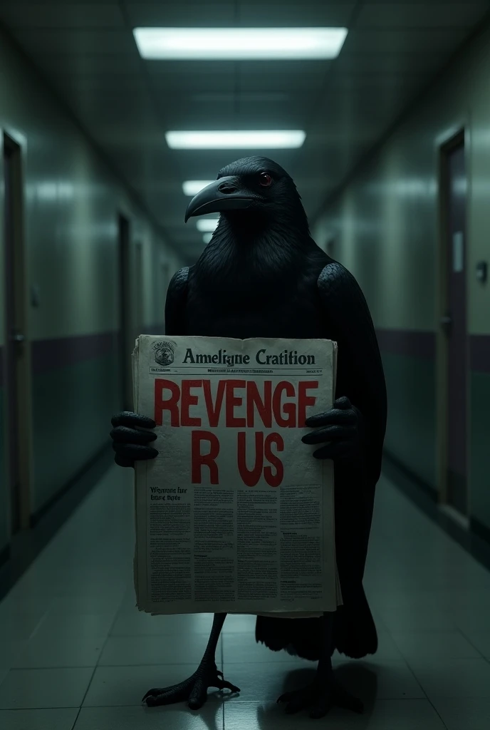   a crow holding a newspaper with an advertisement for "Revenge R Us". In a school corridor at night  