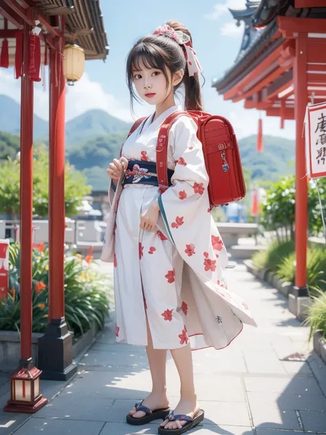 Masterpiecd, hd, realistic, Best Quality, High resolution, looking at viewer, 1girl, brown hair, ponytail, hair ornaments, hair ribbon, wearing randoseru backpack, red backpack , Wearing a Japanese kimono at a summer festival at a shrine, (kimono:1.1), out...