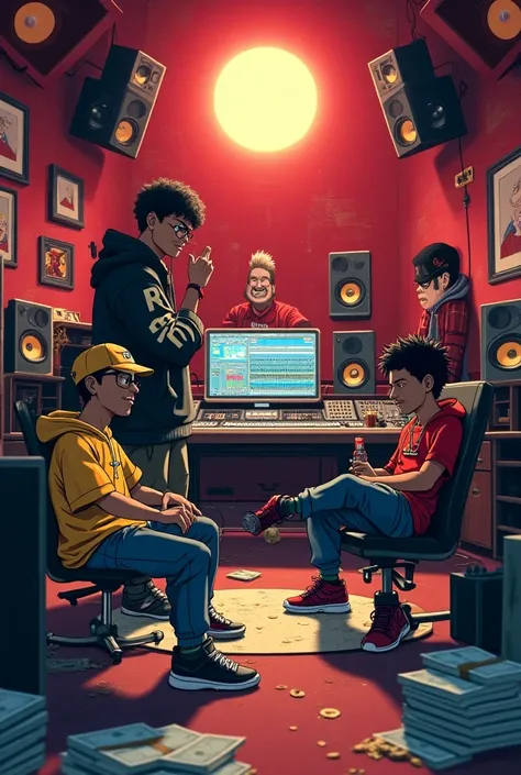 
"In a high-quality 3D DreamWorks art style, inspired by Adventure Time and Fire Force, create a vibrant, panoramic 4K scene featuring Black-parodied versions of Simon and Kamina from Gurren Lagann, recording their latest hip-hop album at Universal Records...