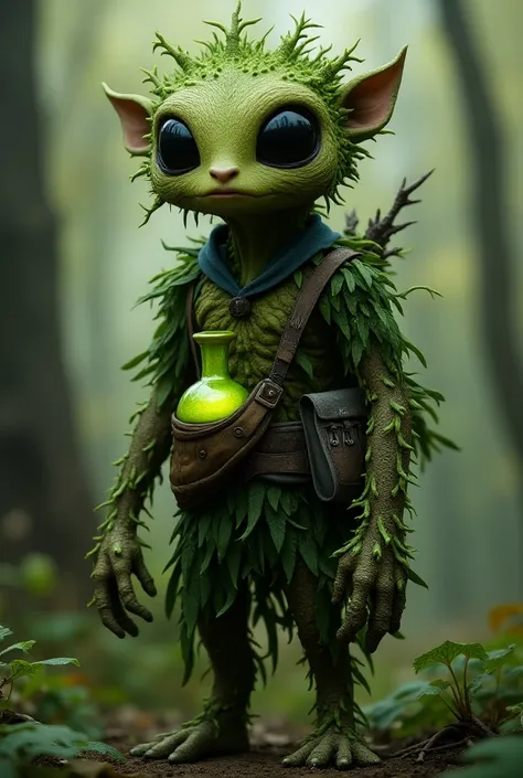 plant with large black eyes, skin is made of bark and clothing is made of leaves, is holding a vial of green acid and wearing a satchel, is tall