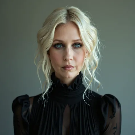 portrait of Vera Farmiga, blonde hair, blonde platinum hair, light blonde hair, pale skin, green eyes, black makeup, gothic dress