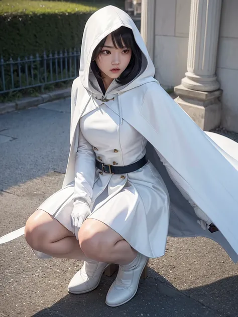 An (((Asian assassin woman))) clad in a sleek modern (((royal white coat with a hood up))), adorned with buttons and a  wide Skater skirt , paired with a (((regal white cape))),, ((white leather knee-length skirt)) and (((white gloves reaveal a hidden blad...