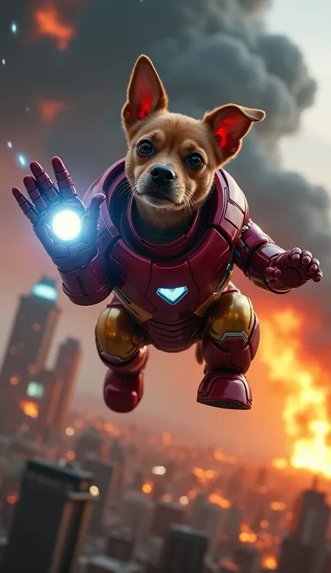 "A dynamic scene of a fearless Jack Russell Terrier in a sleek Iron Man suit, soaring through the burning night sky of a devastated city. The small terrier, encased in the iconic red-and-gold armor, stretches its right paw forward with intense focus, ready...