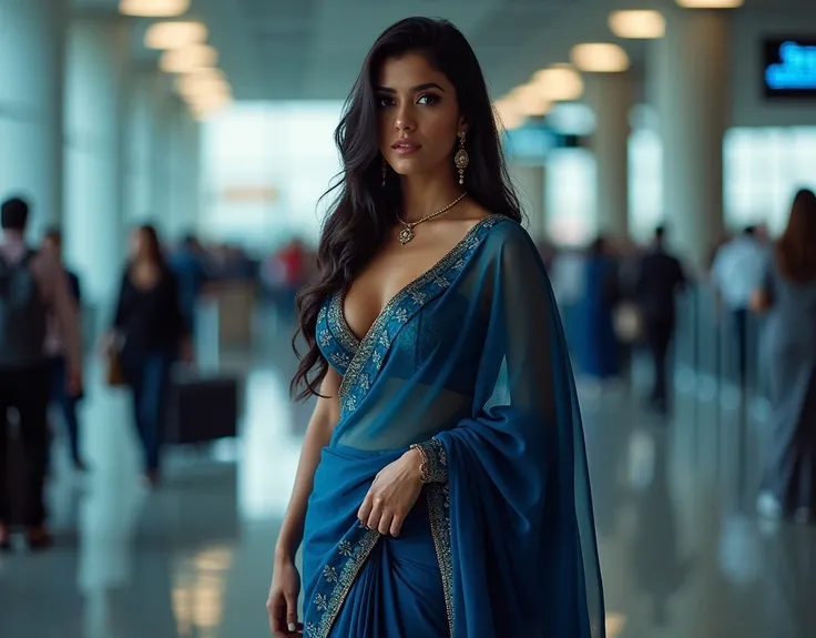 Sexy curvy Indian woman in a sensual revealing blue saree showcasing her huge big breast standing at the airport