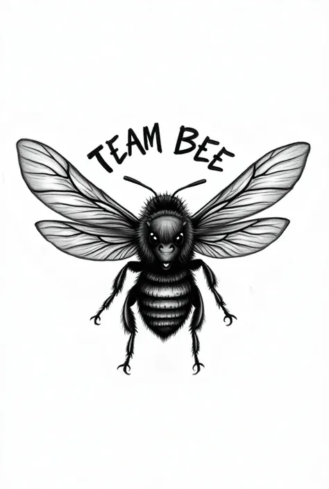 Little bee for aggressive realistic tattoo with extended wings and with the name Team Bee in black and white 