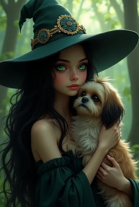 Witch long black hair wavy green eyes with a witchs hat and dress smiling embraced with her female female dog Shitzu in a witchs hat