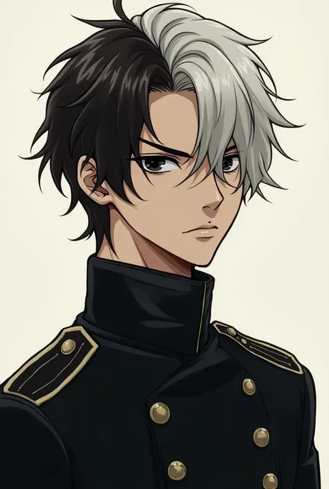  Create me a black-eyed guy. Brunette with white hair ,  and wearing official black military clothing, manga art style 