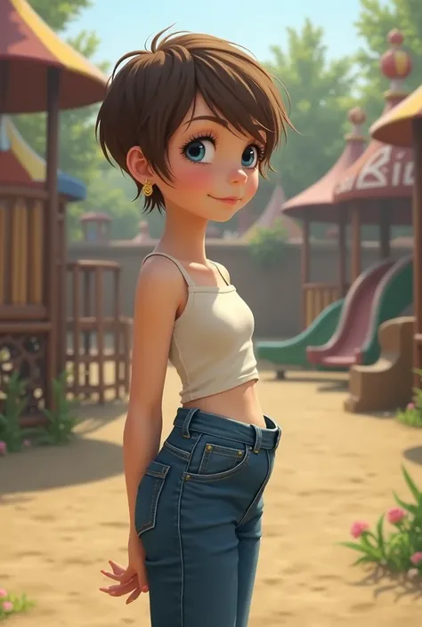 White girl , 10y, 1:3, standing, side view, short white top, blue high waisted jeans, tight jeans, short pixie hair, brown hair, small earrings, hair pin, blue eyes, shy, playground, ren in background