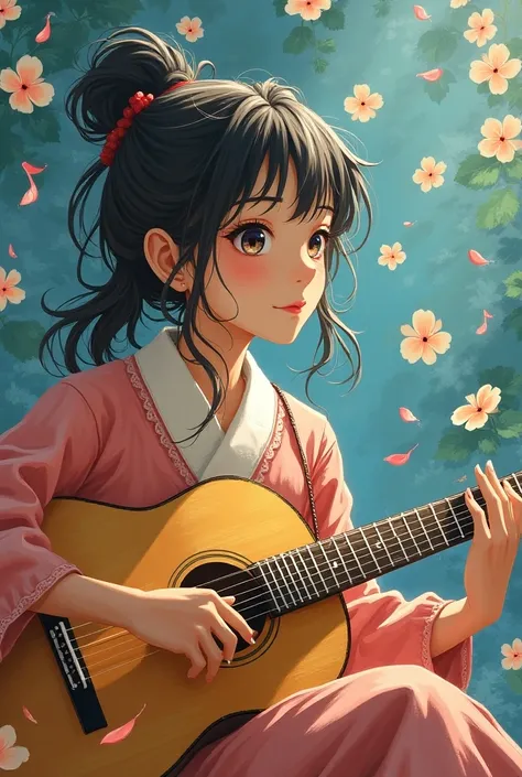   Japanese woman drawing pictures in the air while playing the guitar  ,   vivid letters with inscriptions - over 200 subscribers, Beautiful like a musical fantasy   , masterpiece,   best quality , 