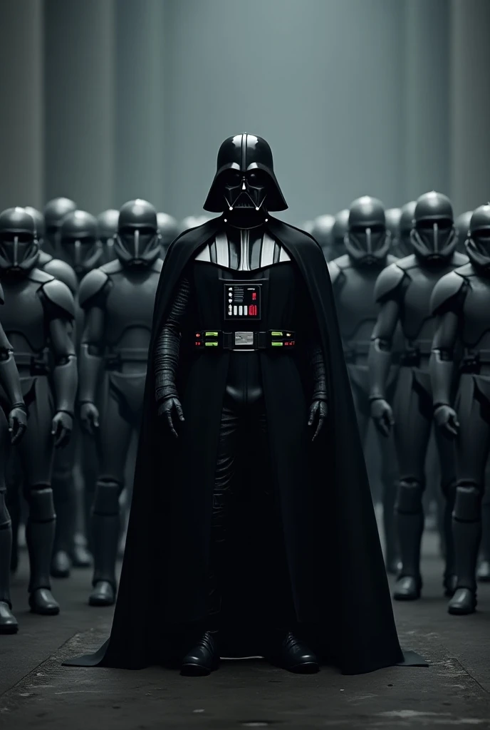 Elon musk with Darth Vader cloth, with an army of Tesla robot like stormtroopers 