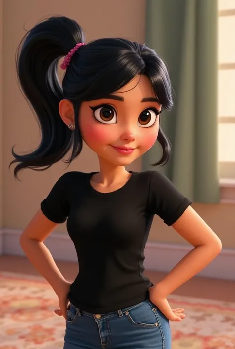 Make Vanellope by Ralph breaks the internet , voluptuous and wide-hipped , with loose hair, Black and long.  Big brown eyes and long eyelashes and pink lips,  and black t-shirt and blue jeans (((take it from behind )))