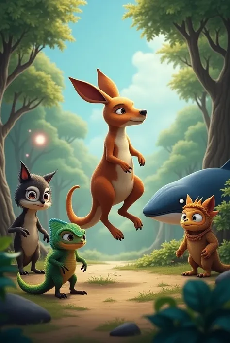  You can make an image about this please 
Entre los animales presentes está Roo,  a desert kangaroo that jumps forward . At your side,  meet Tala ,  an Arctic whale , Suri ,  a chameleon from the rainforest ,  and Luna ,  an owl from the temperate forests ...