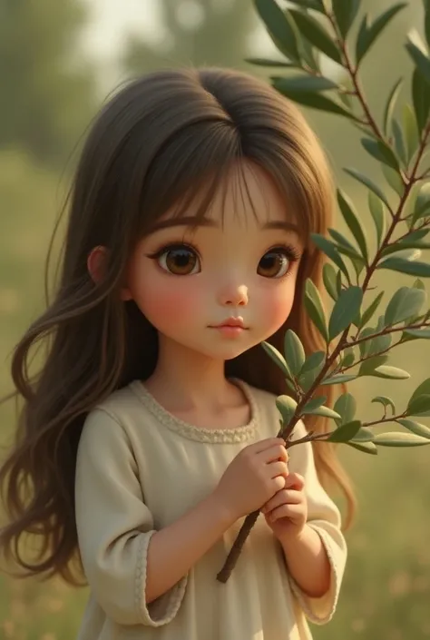 Girl of about  , oval face, almond-shaped brown eyes with droopy eyelids, bushy eyebrows, normal nose, medium mouth almost small ,  highlighting Cupids bow ,  abundant loose straight hair , brown color,  white skin tugging at a little olive tree
