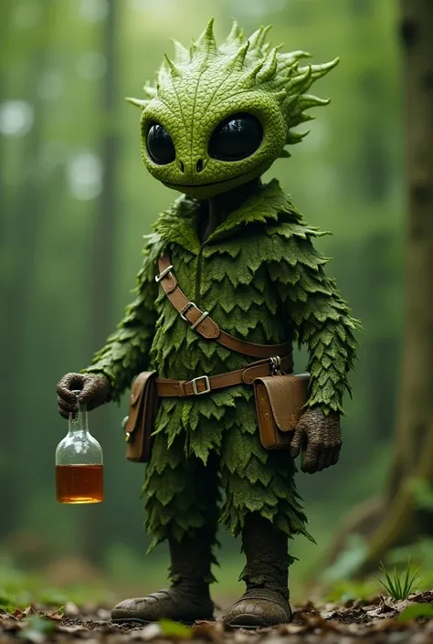 plant with black eyes, skin is made of bark and clothing is made of leaves, is holding a vial of green acid and wearing a satchel, is tall, looks like it is made entirely of leaves and trees, looks aggressive