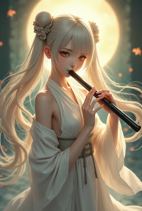 Thin transverse flute, golden eyes, way, ash blonde hair, deep look, flauta negra, traditional chinese flute, Hair with two pigtails fastened with bows, anime.