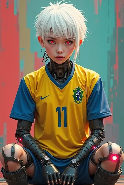 2D character with red eyes and white hair half robot wearing a Brazilian jersey 