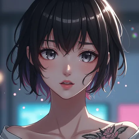 ภาพระยะใกล้ของผู้หญิงที่Have a tattooบนหน้าอก, beautiful Asian girl, with Short hair, Asian appearance, , Japanese model,  Asian girlสวย , Asian woman , Short black hair, Short hair, Chinese girl, Ross Tran 8K,  real life anime girl ,  beautiful chinese mo...