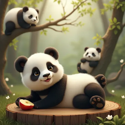 A baby panda, laying down at a cut tree wood, face a bute up, lazy, a piece of slided apple in front of fhe cut tree wood, background a panda climbing wooden rack, luxury panda garden, playful, romance style 