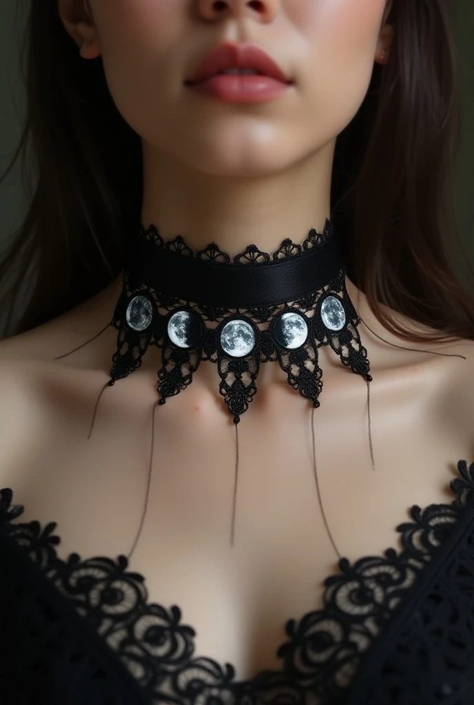 simple black lace choker necklace with a design of the 5 moon phases in silver the design of the moon phases is printed on a dark satin ribbon
