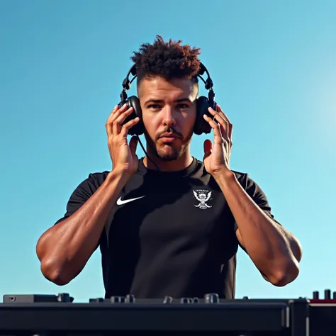  me posing as a DJ,  looking forward ,  with my hands on my headphones, Black jersey ,  sunny day ,  clear blue sky , ultra realistic, photo real
