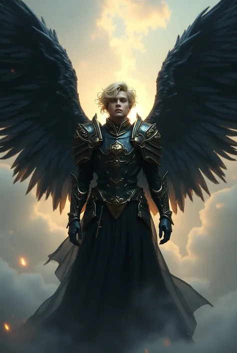 Kim Taehyung being a black-winged cherub , blonde hair and blue eyes.  One of the high-ranking knights of the heavenly army 