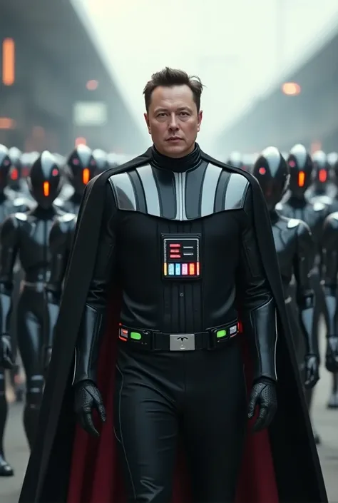 Elon Musk without the helmet of Darth Vader, with an army of Tesla robots