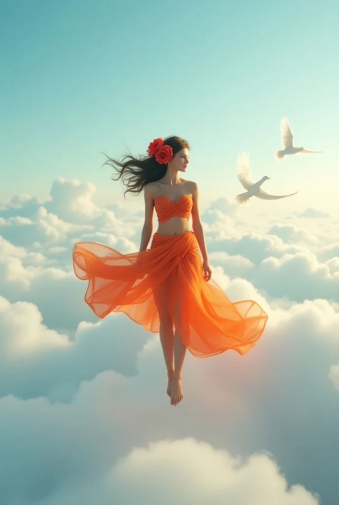  beautiful woman flying above clouds wearing sexy orange clothes
I adorn my hair with red roses。White crows fly behind 