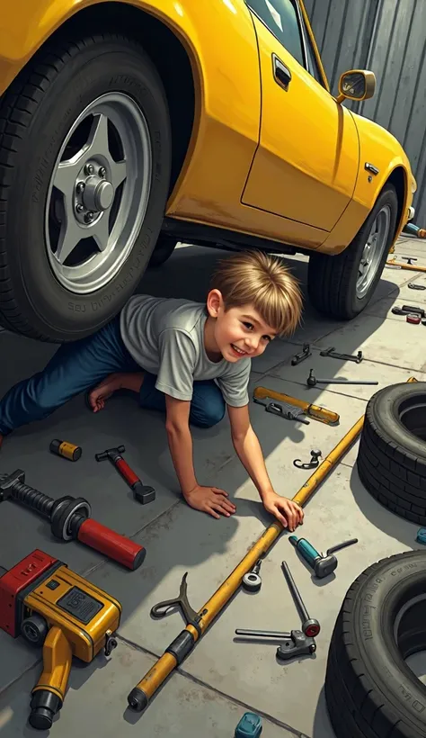     Generate an image of a  boy    , brave , intelligent,      with hair shaved on the sides bowl style     ,  Light brown hair color ,     repairing a yellow sports car with its tools    .      The car is on top of the elevator and the  is under the car, ...