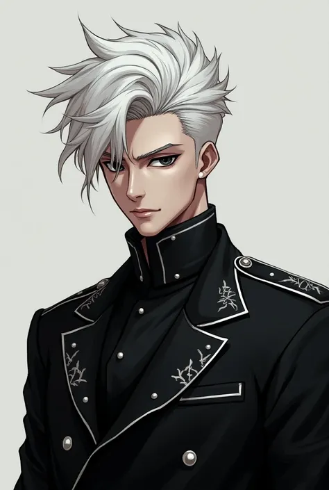  Create me a black-eyed guy,  art style and color by Moreno with very white hair, Very handsome and wearing official black and black military clothing. Manga and HQ 