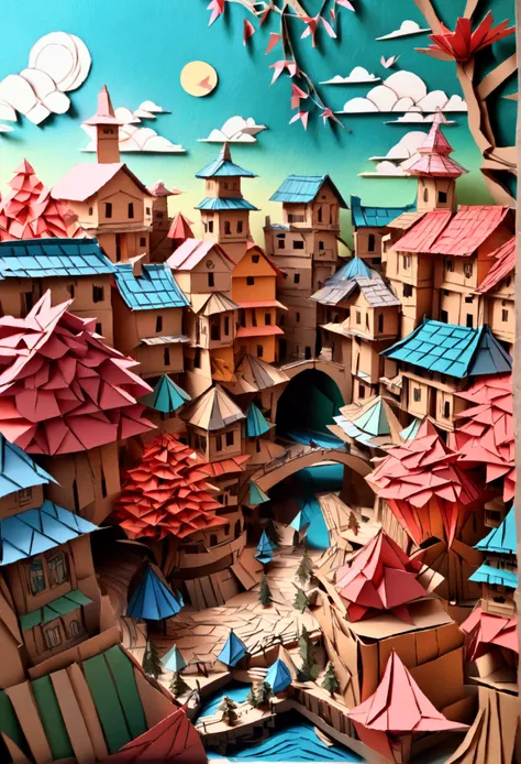 realistic cardboard folded sculpture, intricate paper craft, delicate handmade origami, detailed papercraft diorama, intricate cardboard art installation, complex layered cardboard scene, whimsical paper sculpture, imaginative paper craft, detailed paper c...