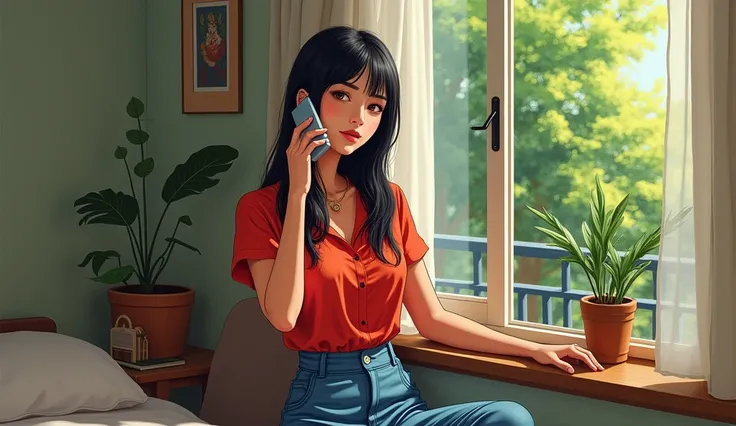 a beautiful woman with straight black hair and thin red blouse and blue pants near a table making a call with a smartphone in a modest room with an apartment window overlooking a garden . Drawing format