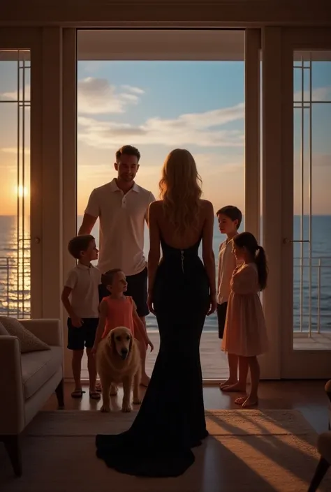 A beautiful blonde woman in a tight black long dress, standing in her mansion at night with a view of the sea, playing with her tall white husband in a white long sleeve polo shirt and their 4 ren (2 boys and 2 girls) and golden retriever dog, highly detai...