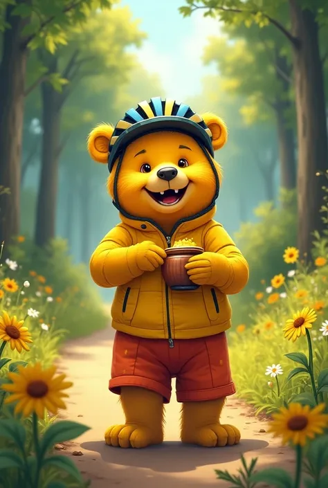 A yellow-skinned bear that wears cycling clothes and likes honey