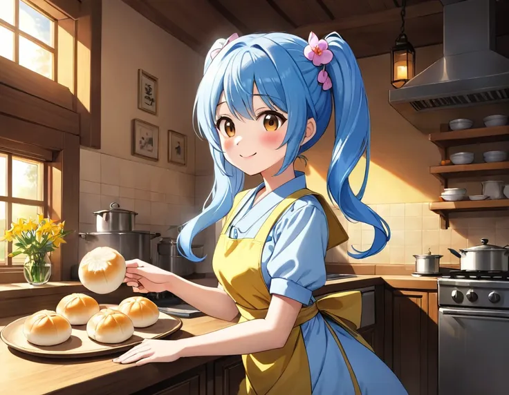 long light blue hair 、beautiful girl with twin tails、yellow apron、smile、 a bright kitchen with sunlight shining in 、 there are l...