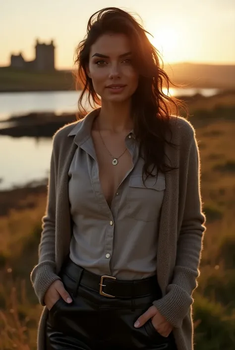 Foreground: a gorgeous woman (Morena Baccarin), wet wavy hair in the wind. shes a men magazine model, She has a subtle smile and flirts with the camera, (she wears casual shirt with a knitted sweater and latex pants with big belt:1.2), background landscape...