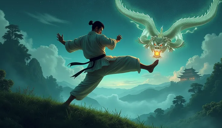  Make a karate fighter give a beautiful kick  , He is on a mountain with green grass  , The sky is dark with stars and in the background of the scene there is a Buddhist temple and in the sky a flying white and green Chinese dragon.
