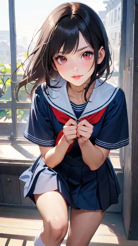 highest quality、High resolution、Detailed Background、Beautiful face in every detail、Teenage beauty、Detailed red eyes、Realistic、Perfect body line、Black Hair、Black Hairロングヘア、well-groomed eyebrows、Cute Lip Makeup、Calm atmosphere、A short-sleeved shiny dark sail...