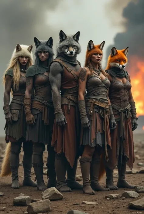  A powerful group of six humanoid females ,  each representing a unique species ,  standing side by side on a devastated battlefield .

 Humanoid Wolf :  Covered in gray fur and scarred all over body ,  she maintains a fierce expression .  Their worn leath...