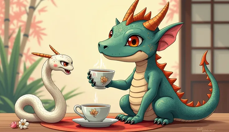  Dragon Drinking Tea 、 deformed、slowly、Feeling Kind 、 White Snake Angry and Bites 、Anime Style,  Japanese Illustration Style, 