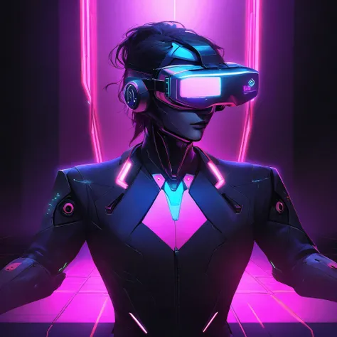 (((medium shot general plan))), (a male android from the future with synthwave style cybernetic), cyber punk bionic, futuristic leds black suit body, (using a virtual reality glasses), Background with neon and LED light rays, with very realistic textures a...