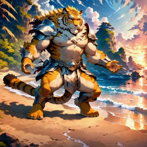 character focus, full body, looking away, various angle, european fantasy, a plump middle-aged tiger man, clothed, heroic costum...