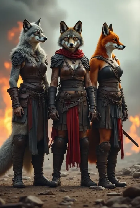 A powerful trio of humanoid females,  each representing a unique species ,  standing side by side on a devastated battlefield .

 Humanoid Wolf :  Covered in gray fur and scarred all over body ,  she maintains a fierce expression .  Their worn leather and ...