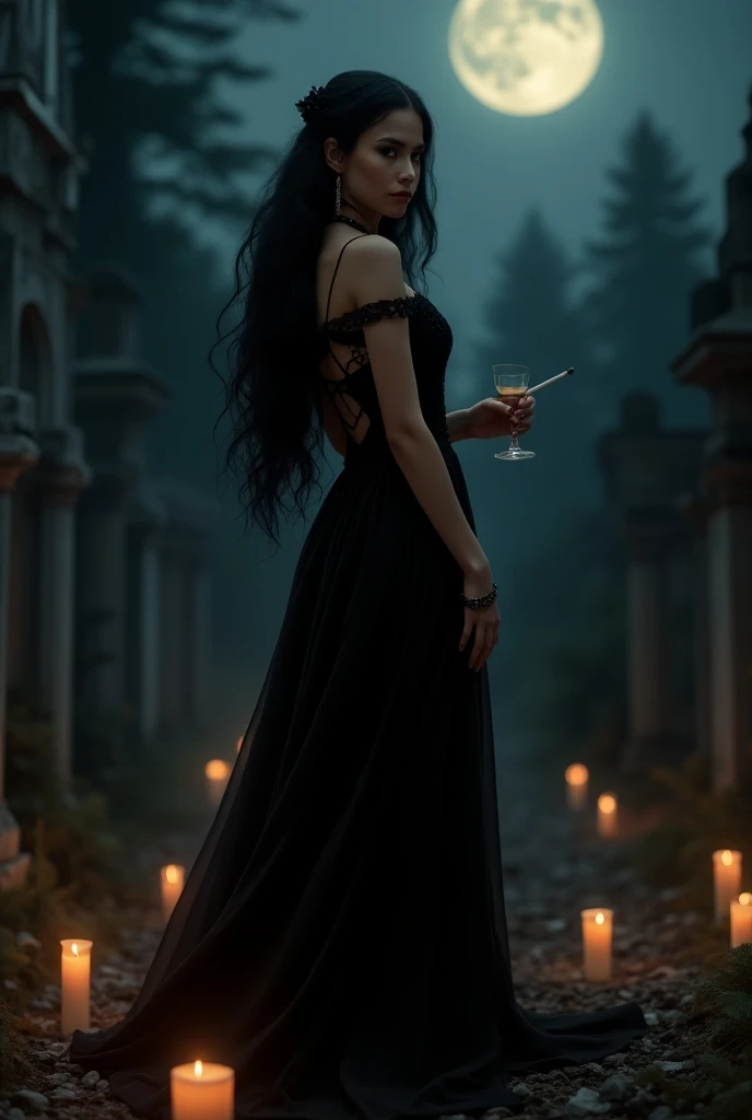 Woman in shiny black dress, with black jewelry, long black hair, queen, maiden, in the cemetery next to Caveira, holding a glass in one hand and a cigarette in the other hand, candles on the floor, at night, rica, linda, 4K,high resolution, looking at the ...