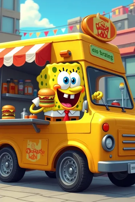 Draw SpongeBob holding a hamburger and a grill spatula inside a food truck