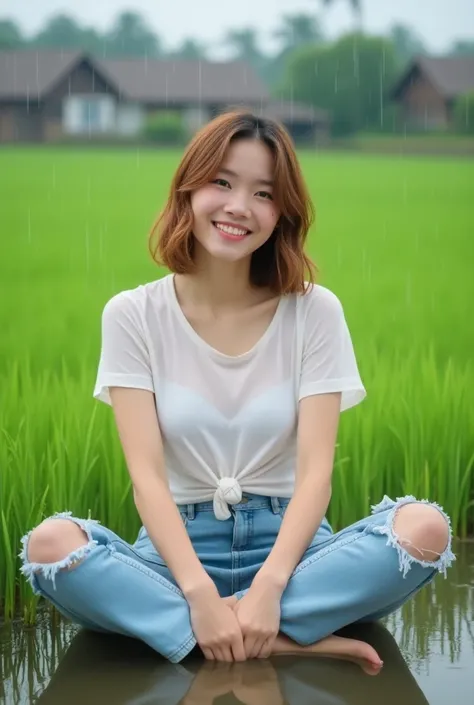 A photorealistic image of a young woman with short brown hair, beaming, sitting cross-legged in a flooded rice paddy in the rain. She wears a slightly sheer white t-shirt knotted at the waist and ripped light blue jeans. The background includes rustic wood...