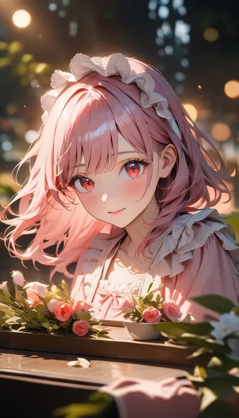 A beautiful 18-year-old girl with pink hair and red Eye,  with white headband ,  with a book in one hand ,  surrounded by flowers ,  standing in a sunny forest scene , Calm expression, 高度详细的portrait,  highly detailed portrait , Eye, Hands and feet ,  in a ...