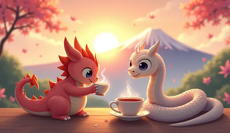 Little dragon drinking tea、 deformed、slowly、Feeling Kind 、White snake getting angry and biting、Mount Fuji and sunrise in the background、Pastel tones、Anime Style,  Japanese Illustration Style, 