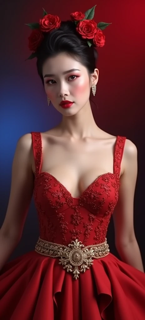 "Generate a hyper-realistic, seductive portrait of a stunning woman with Jessica Jung’s face, featuring her delicate, refined beauty, soft features, and mesmerizing eyes. She is wearing a deep red, intricately detailed gown with floral accents, a plunging ...